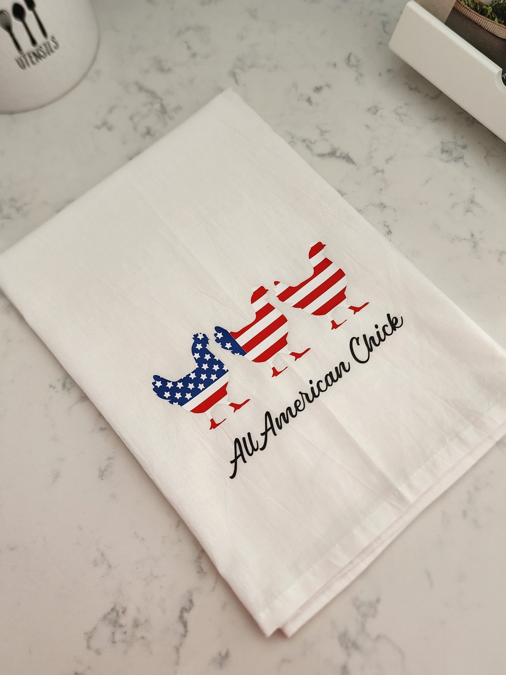All-American Chick Cotton Tea Towel - White with Red & Blue Chick Design